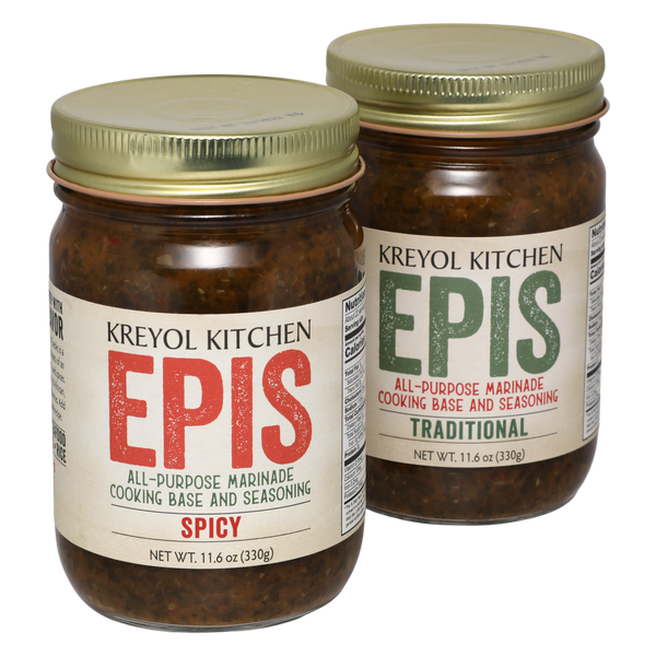 Set of two EPIS from Kreyol Kitchen including Traditional and Spicy recipes.  A classic Haitian seasoning made of a blend of herbs, spices, and vegetables. Use EPIS as an all-purpose marinade or to season your soups, stews, beans, rice, and vegetables.